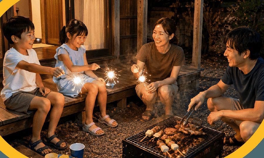 縁側で花火をしながらBBQを楽しむご家族