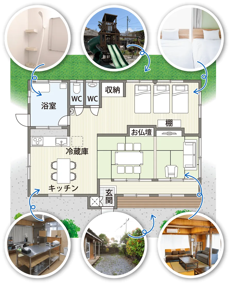かめたろうやーの間取り図（2LDK・浴室・キッチン・玄関・お庭）