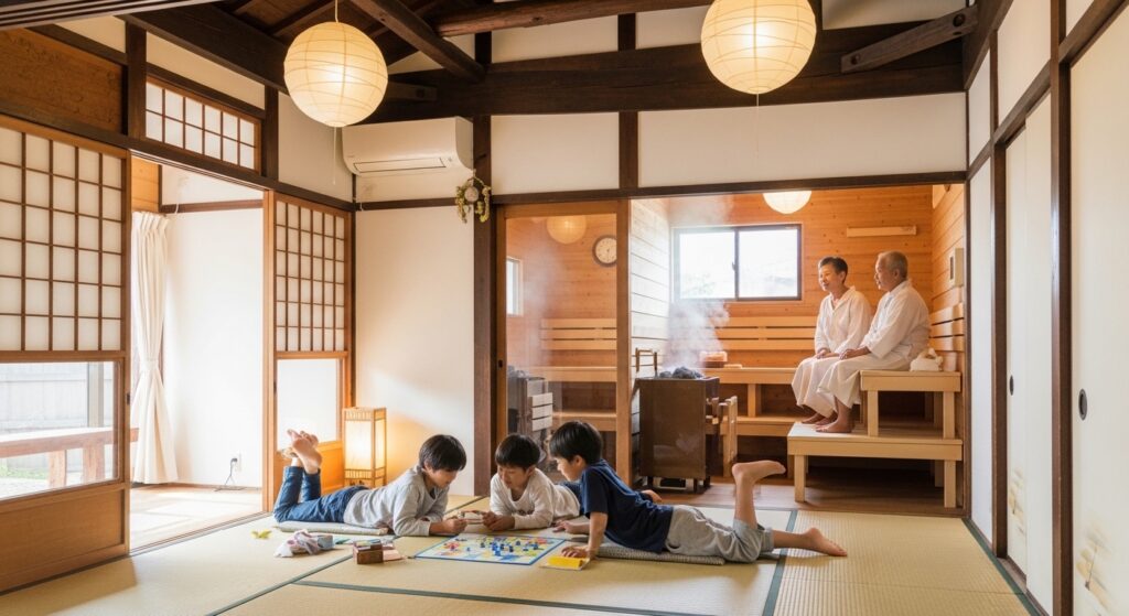【三世代旅行・体力差対策】孫は畳・祖父母はゆっくりサウナで共存するサウナ付き古民家かめたろうやーステイ